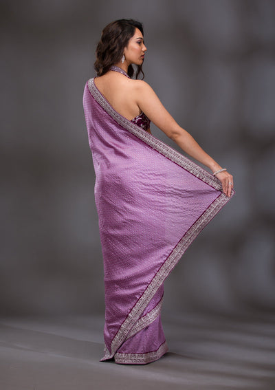 Lavender Threadwork Raw Silk Saree-Koskii