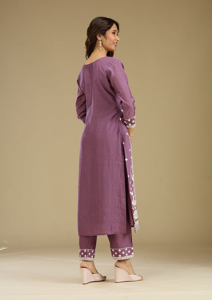 Lavender Threadwork Semi Crepe Readymade Salwar Suit-Koskii