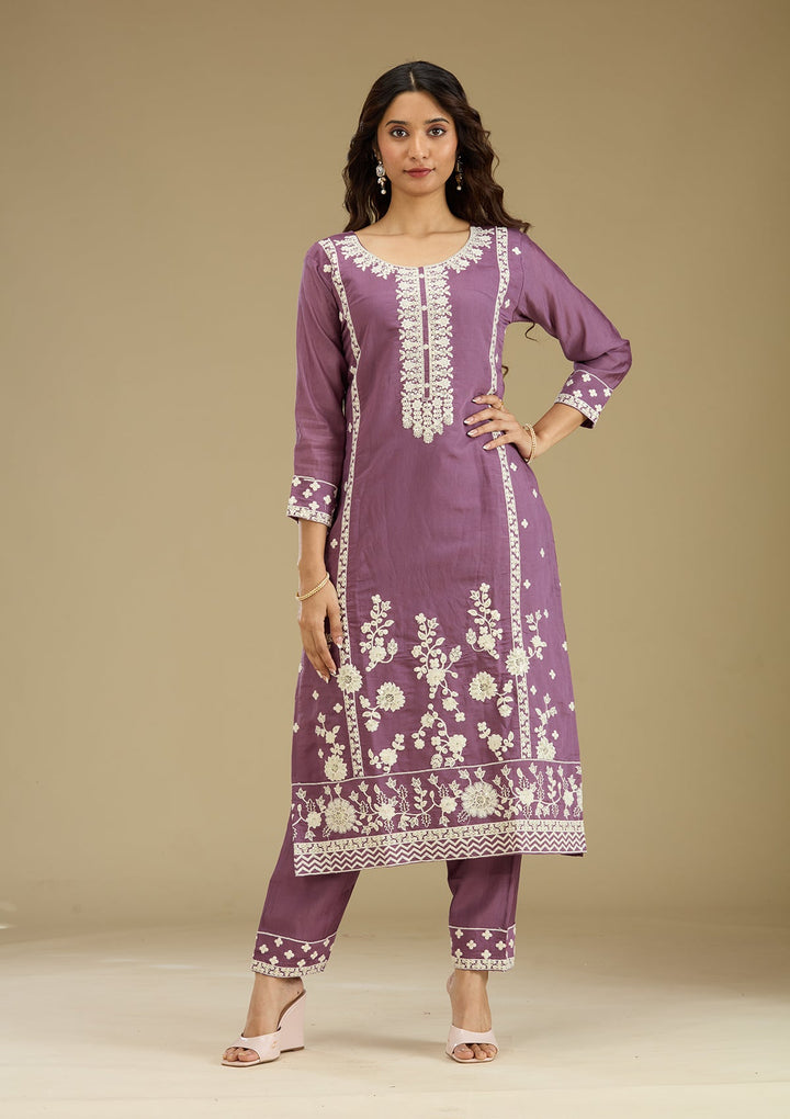 Lavender Threadwork Semi Crepe Readymade Salwar Suit-Koskii