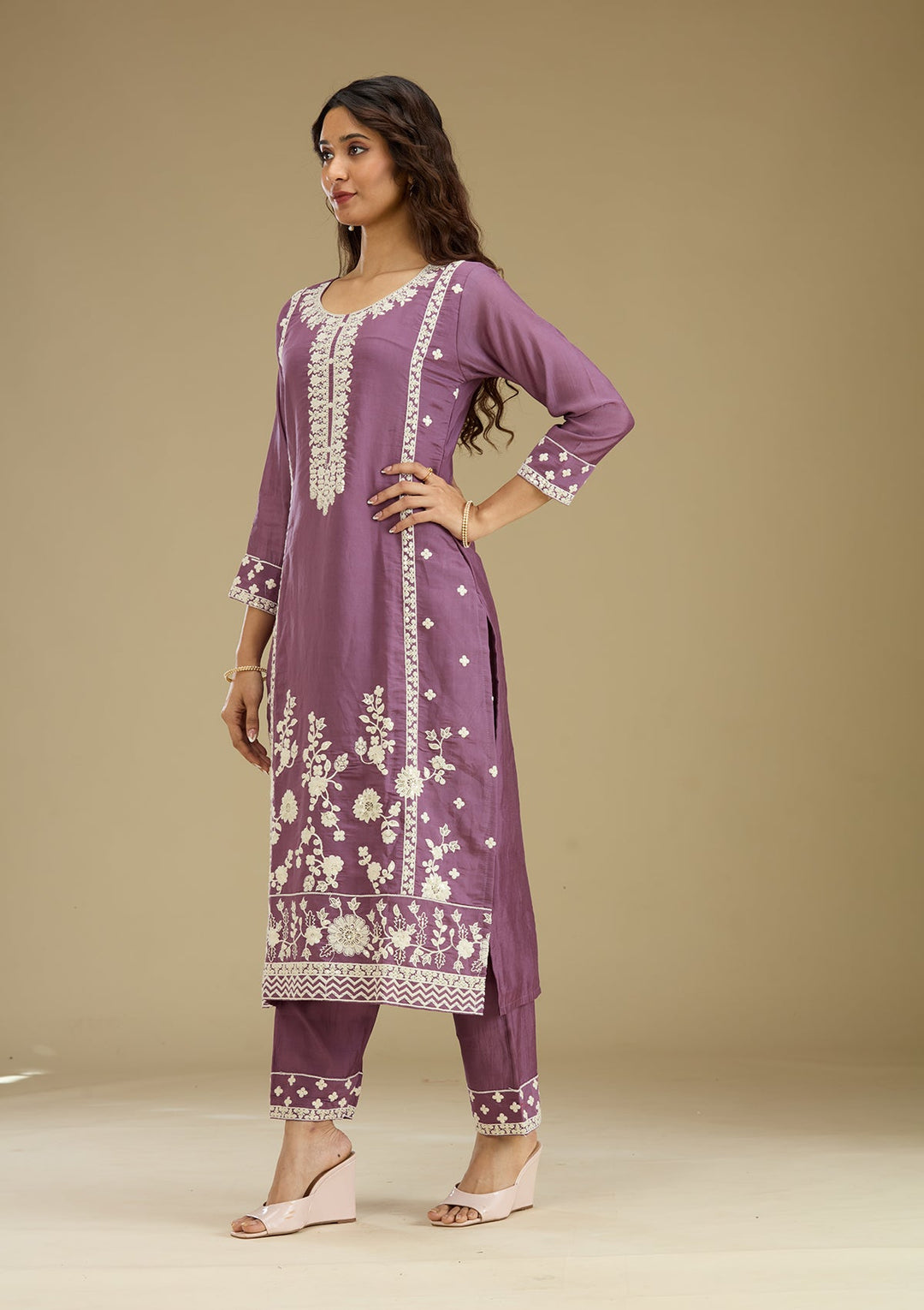 Lavender Threadwork Semi Crepe Readymade Salwar Suit-Koskii