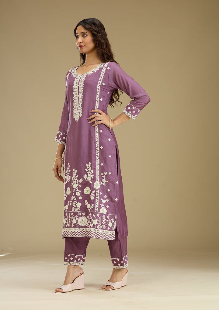 Lavender Threadwork Semi Crepe Readymade Salwar Suit-Koskii