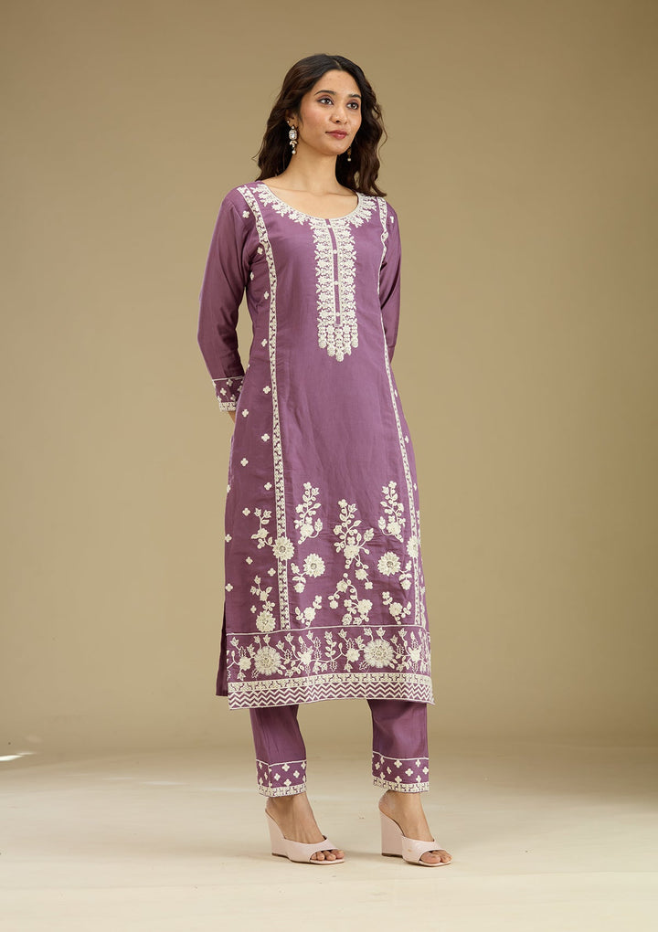 Lavender Threadwork Semi Crepe Readymade Salwar Suit-Koskii