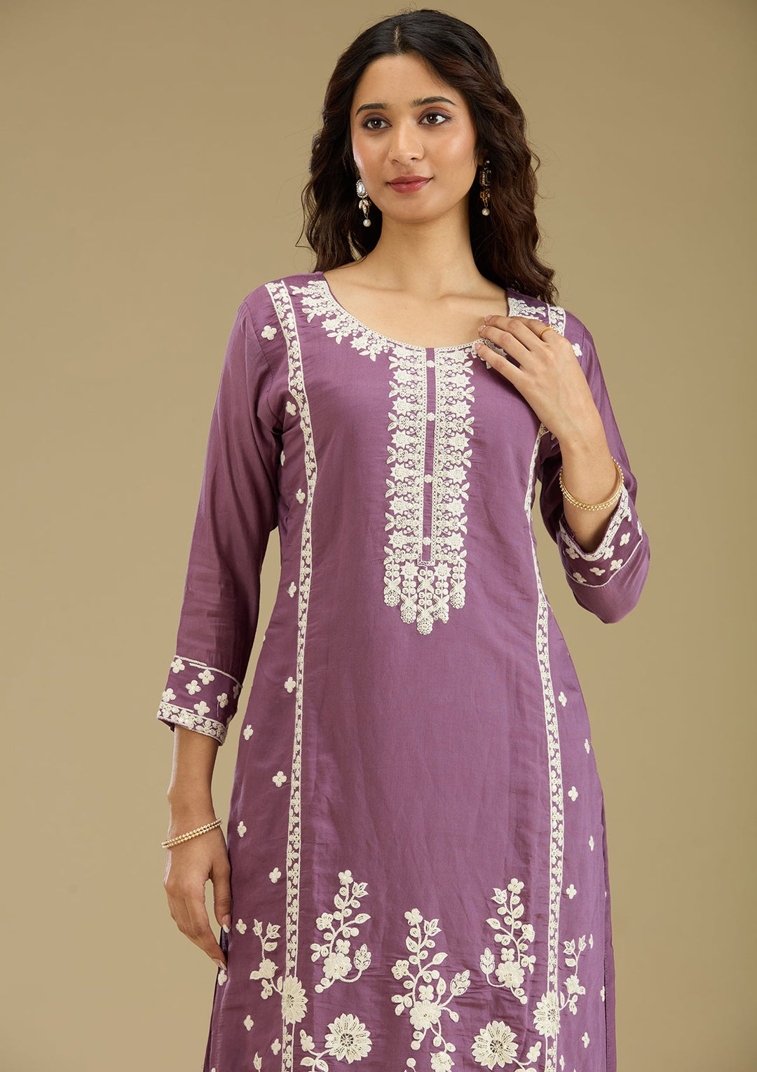 Lavender Threadwork Semi Crepe Readymade Salwar Suit-Koskii