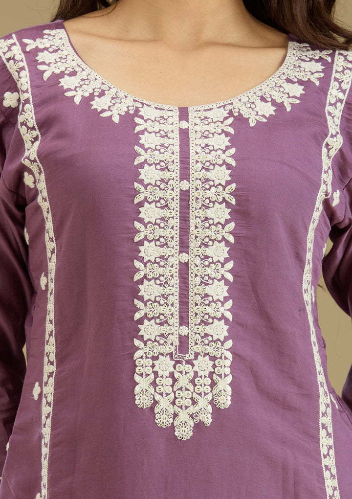 Lavender Threadwork Semi Crepe Readymade Salwar Suit-Koskii