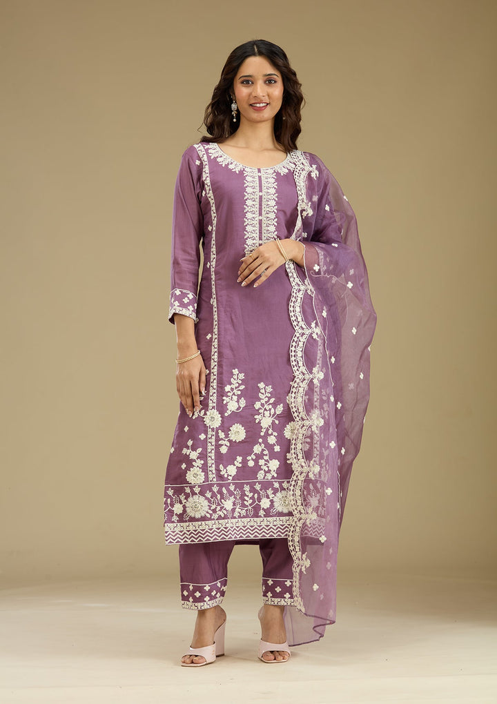 Lavender Threadwork Semi Crepe Readymade Salwar Suit-Koskii