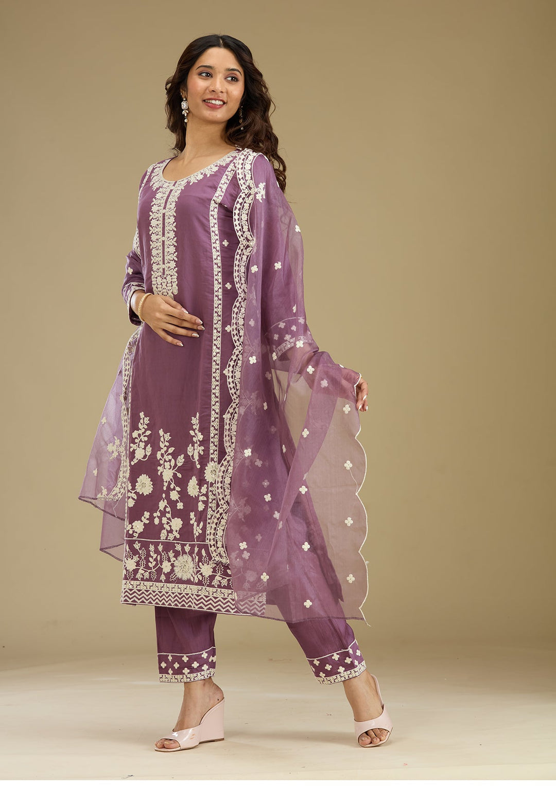 Lavender Threadwork Semi Crepe Readymade Salwar Suit-Koskii