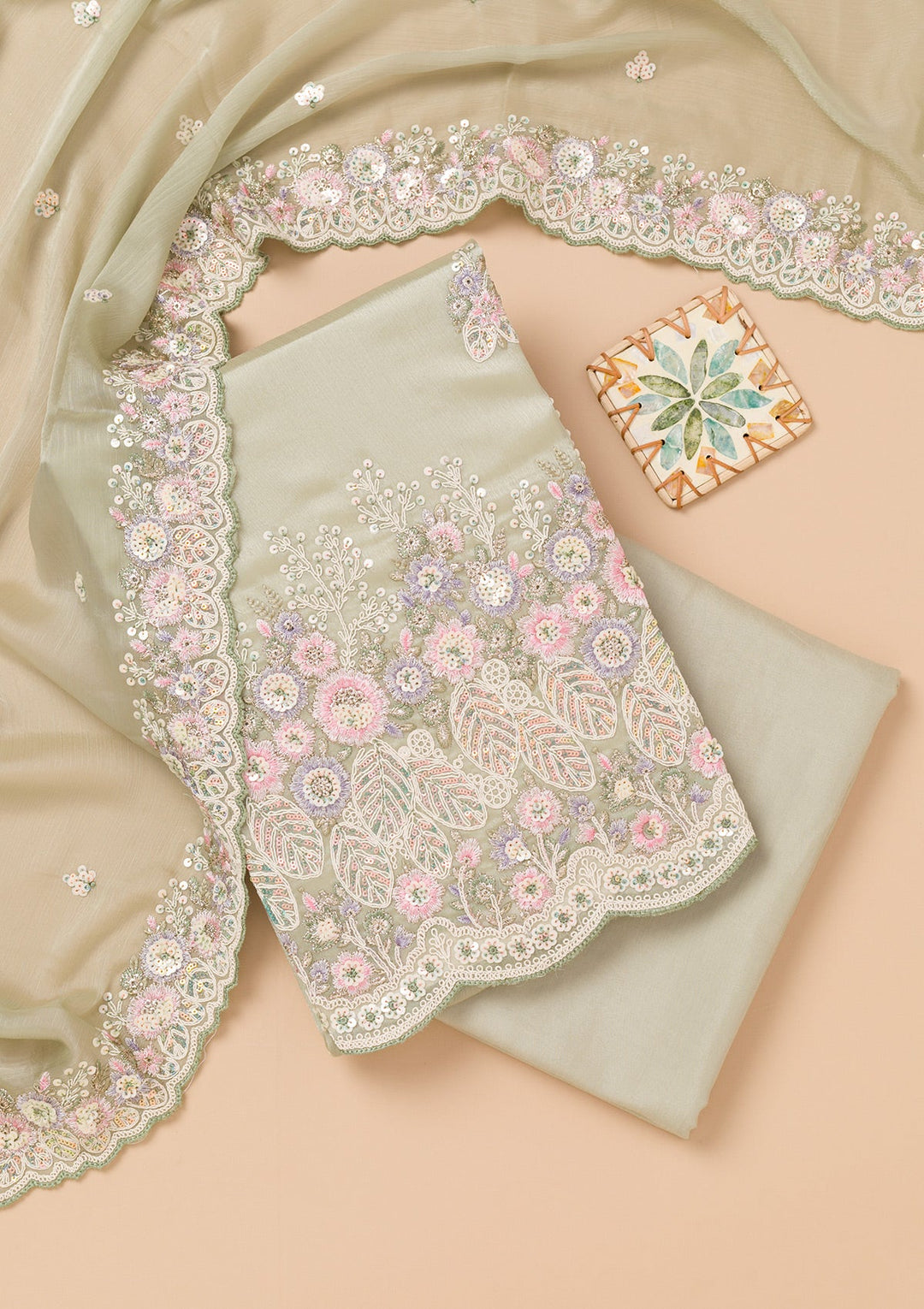 Lavender Threadwork Semi Crepe Unstitched Salwar Kameez-Koskii