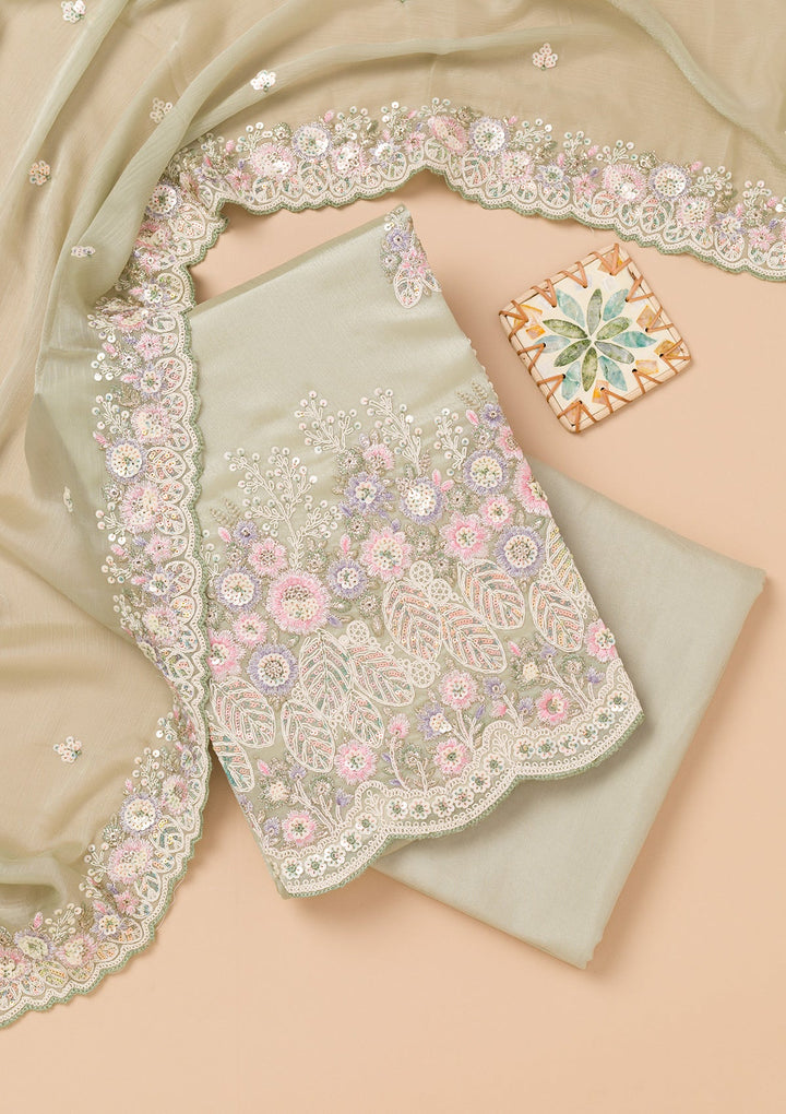 Lavender Threadwork Semi Crepe Unstitched Salwar Kameez-Koskii