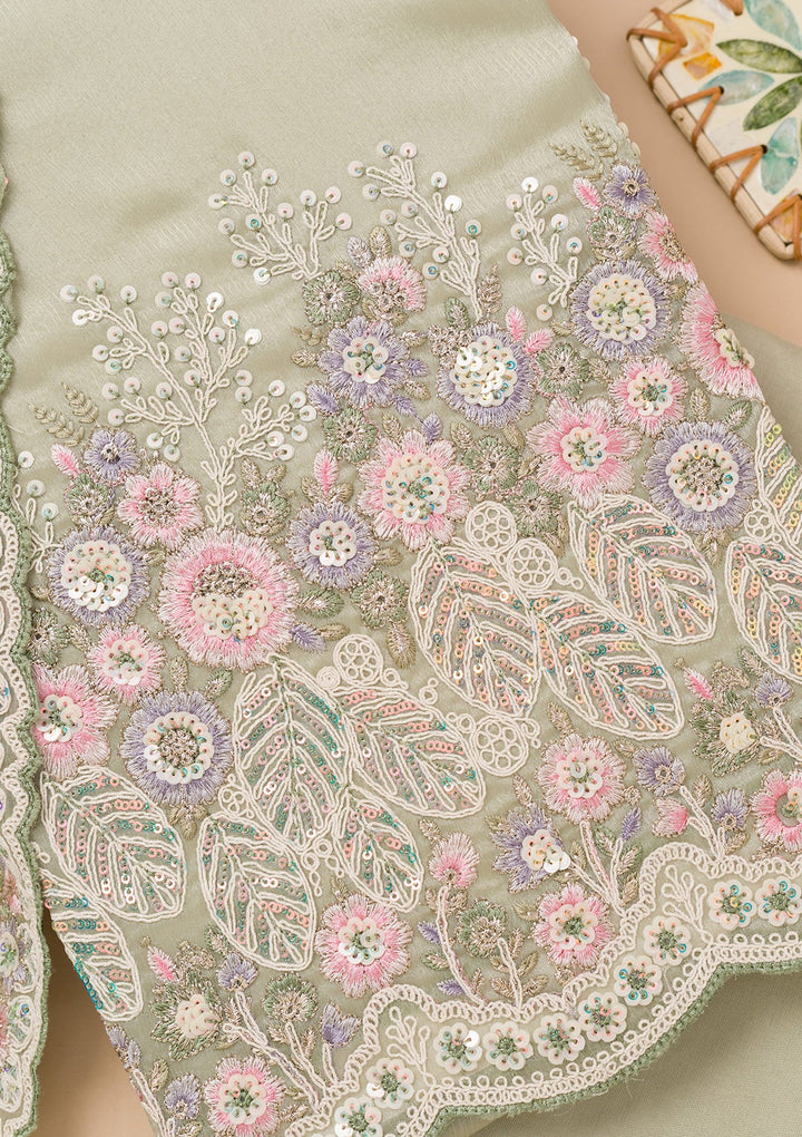 Lavender Threadwork Semi Crepe Unstitched Salwar Kameez-Koskii