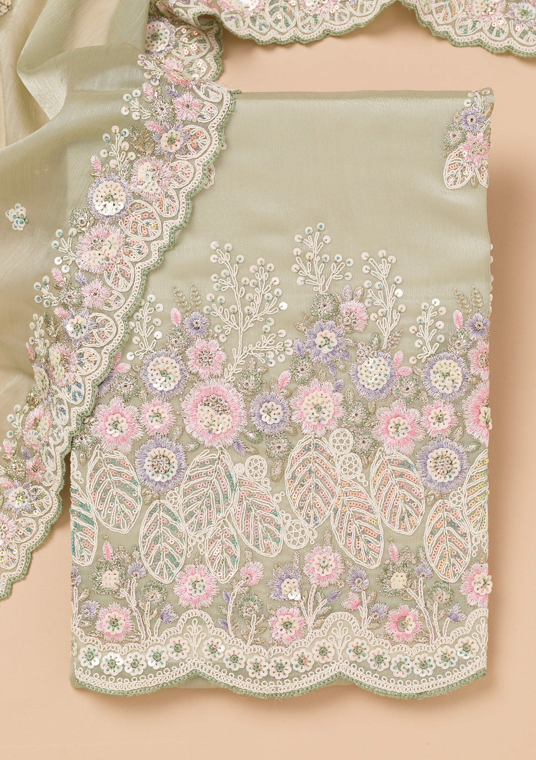 Lavender Threadwork Semi Crepe Unstitched Salwar Kameez-Koskii