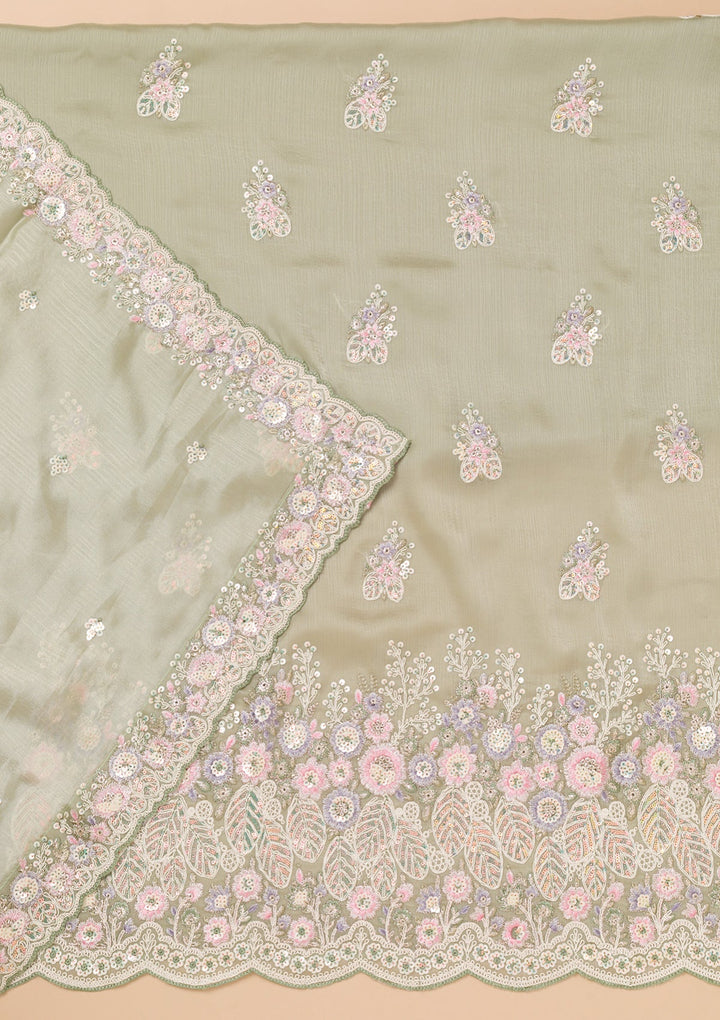 Lavender Threadwork Semi Crepe Unstitched Salwar Kameez-Koskii