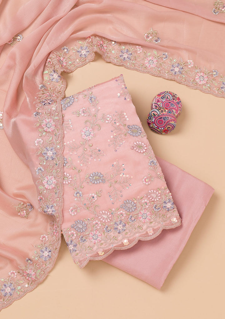 Peach Threadwork Semi Crepe Unstitched Salwar Suit