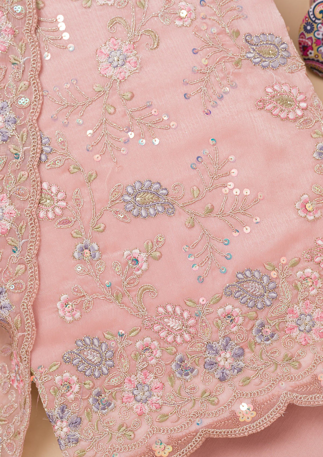 Peach Threadwork Semi Crepe Unstitched Salwar Suit