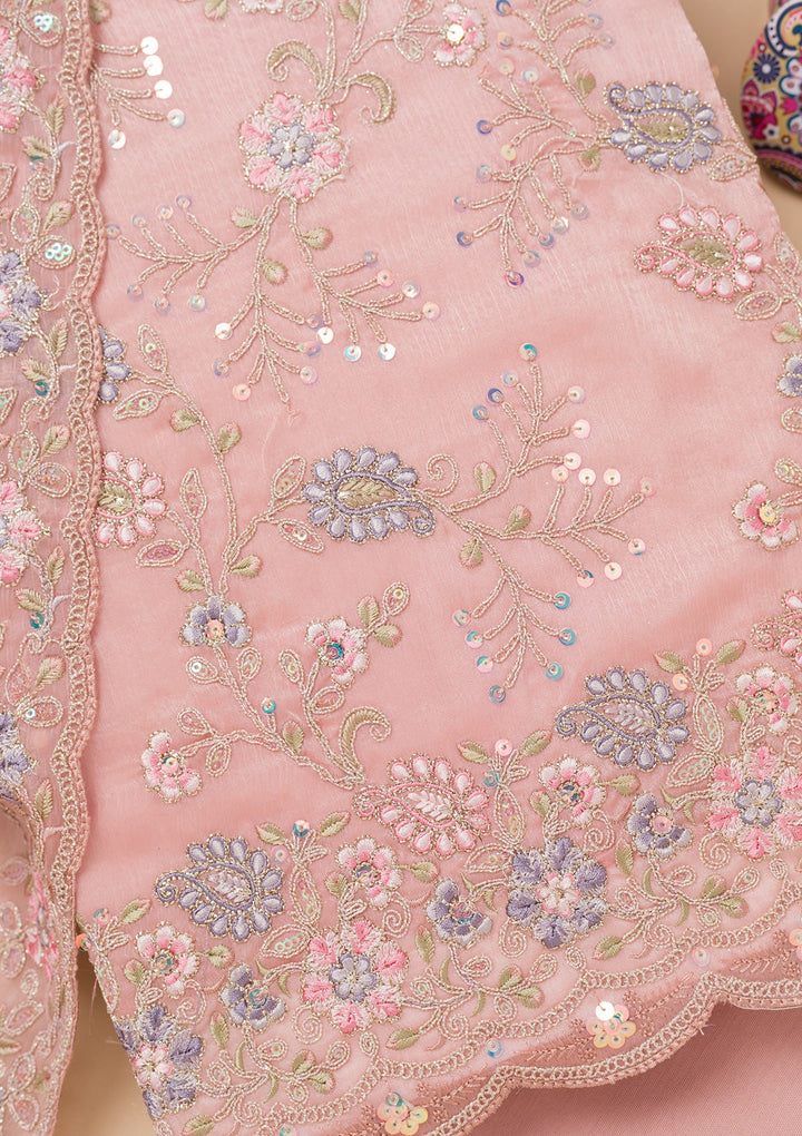 Peach Threadwork Semi Crepe Unstitched Salwar Suit