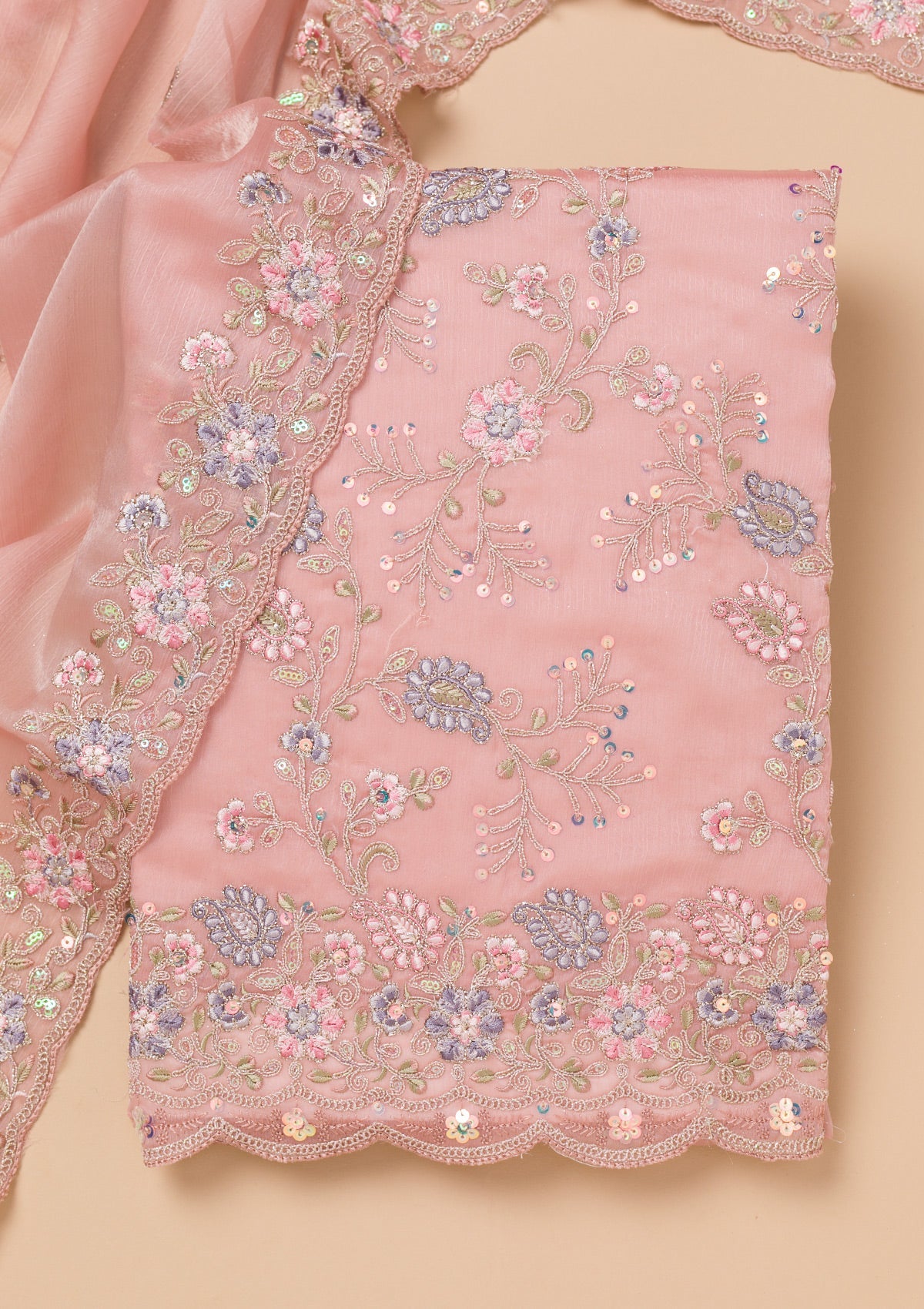Peach Threadwork Semi Crepe Unstitched Salwar Suit