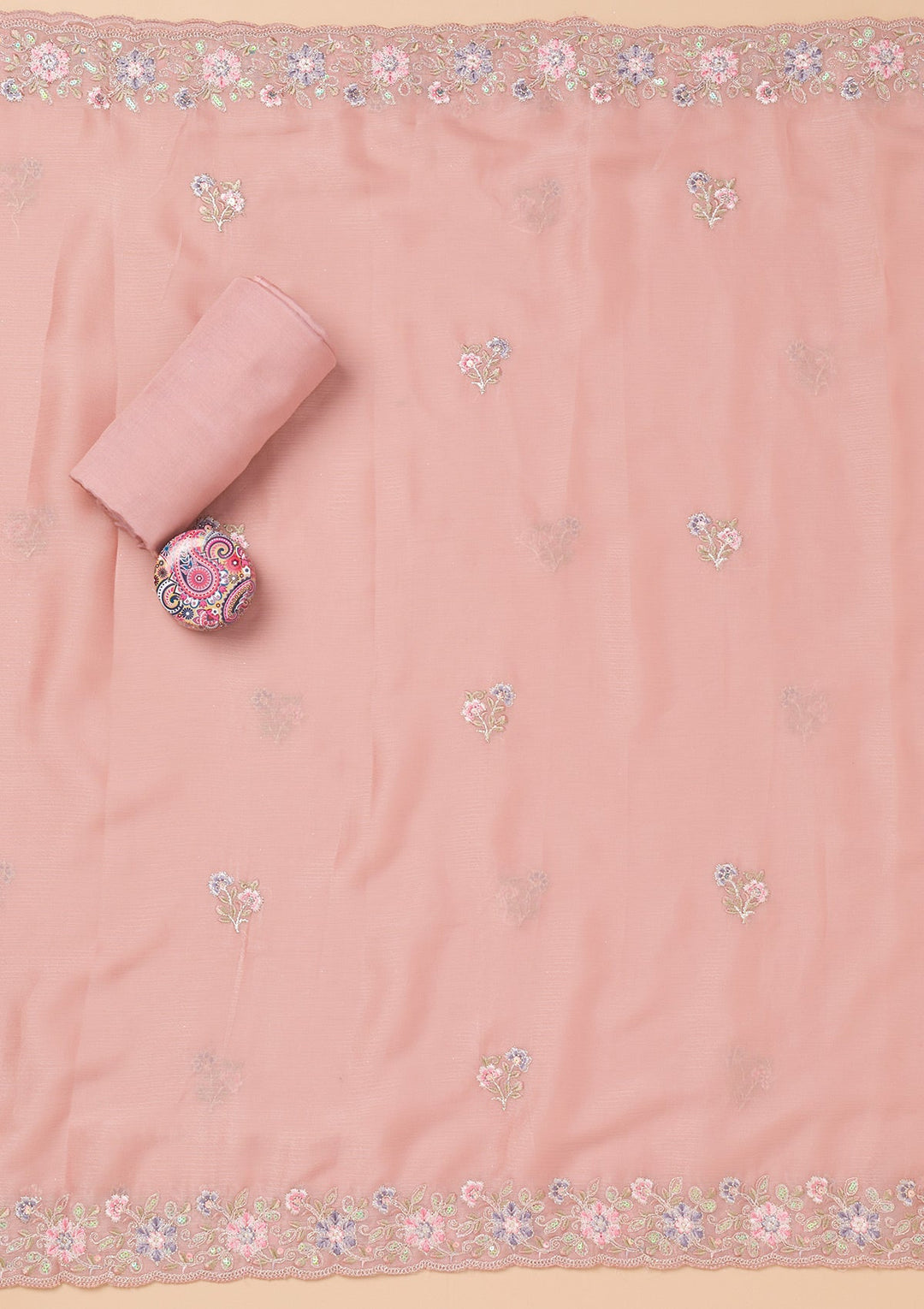 Peach Threadwork Semi Crepe Unstitched Salwar Suit