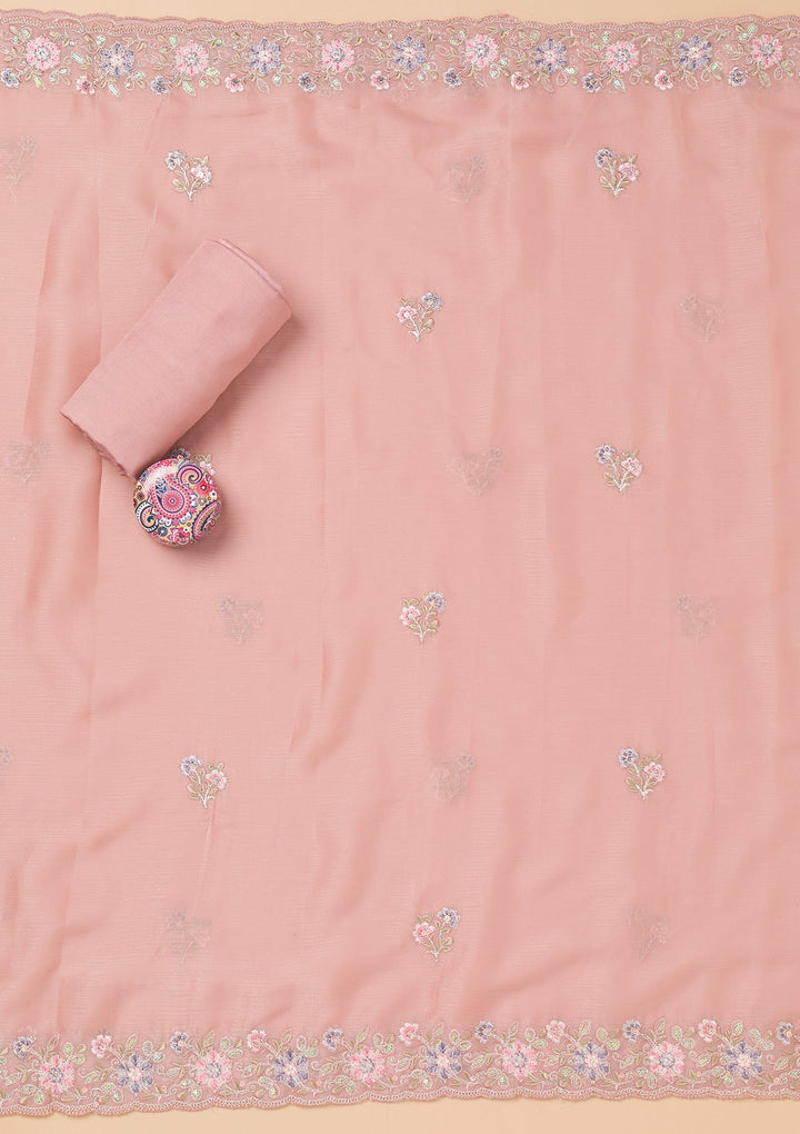 Peach Threadwork Semi Crepe Unstitched Salwar Suit