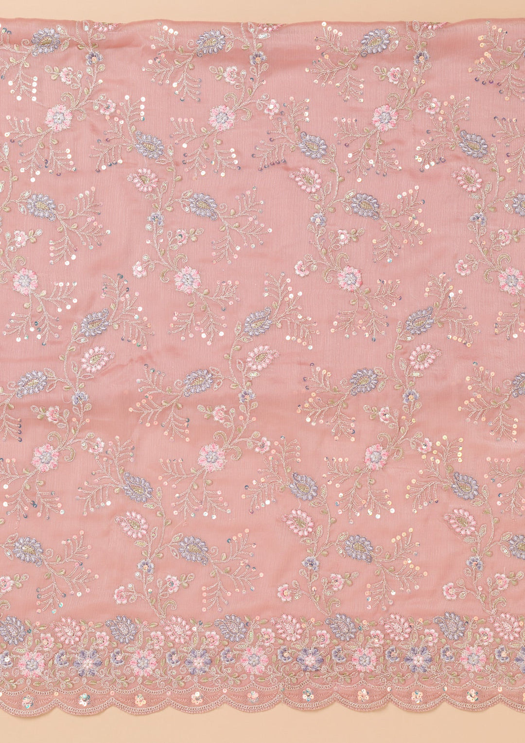 Peach Threadwork Semi Crepe Unstitched Salwar Suit