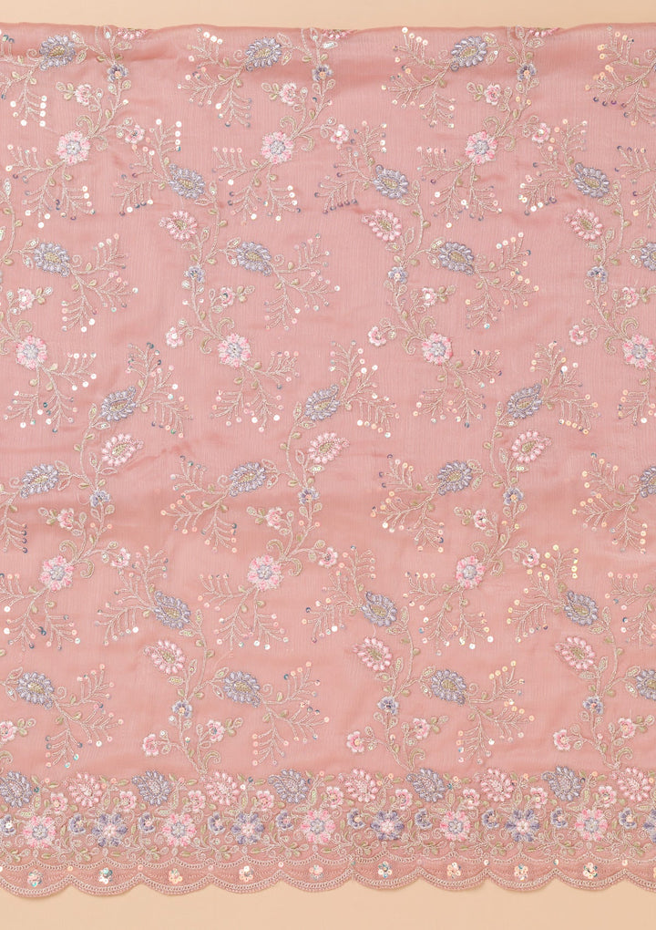 Peach Threadwork Semi Crepe Unstitched Salwar Suit