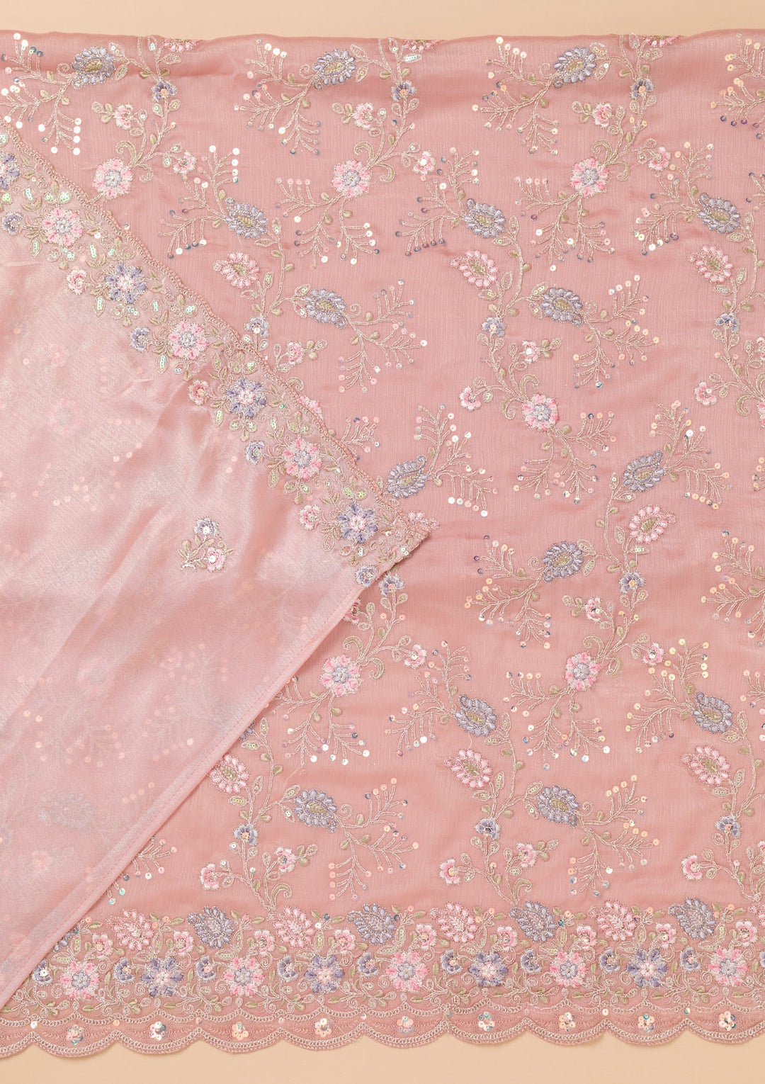 Peach Threadwork Semi Crepe Unstitched Salwar Suit