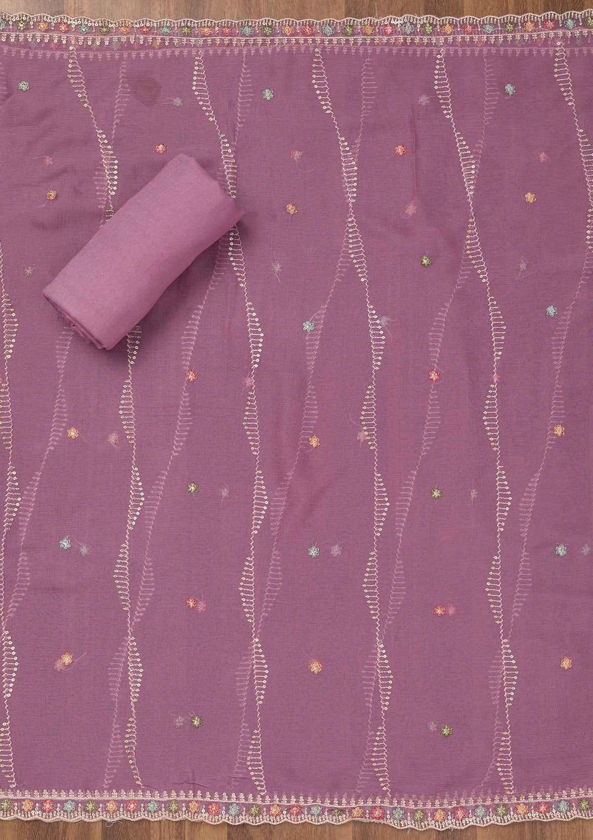 Lavender Threadwork Semi Crepe Unstitched Salwar Suit-Koskii