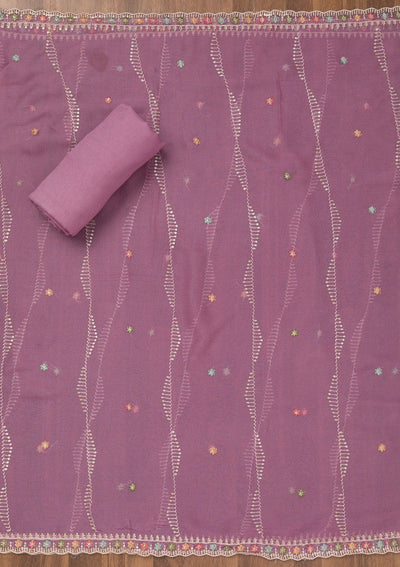 Lavender Threadwork Semi Crepe Unstitched Salwar Suit-Koskii