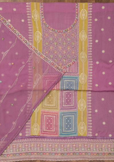 Lavender Threadwork Semi Crepe Unstitched Salwar Suit-Koskii