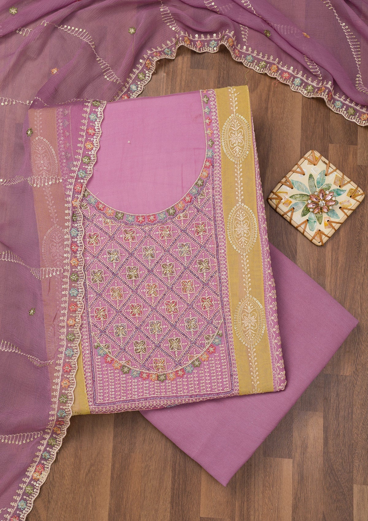 Lavender Threadwork Semi Crepe Unstitched Salwar Suit-Koskii