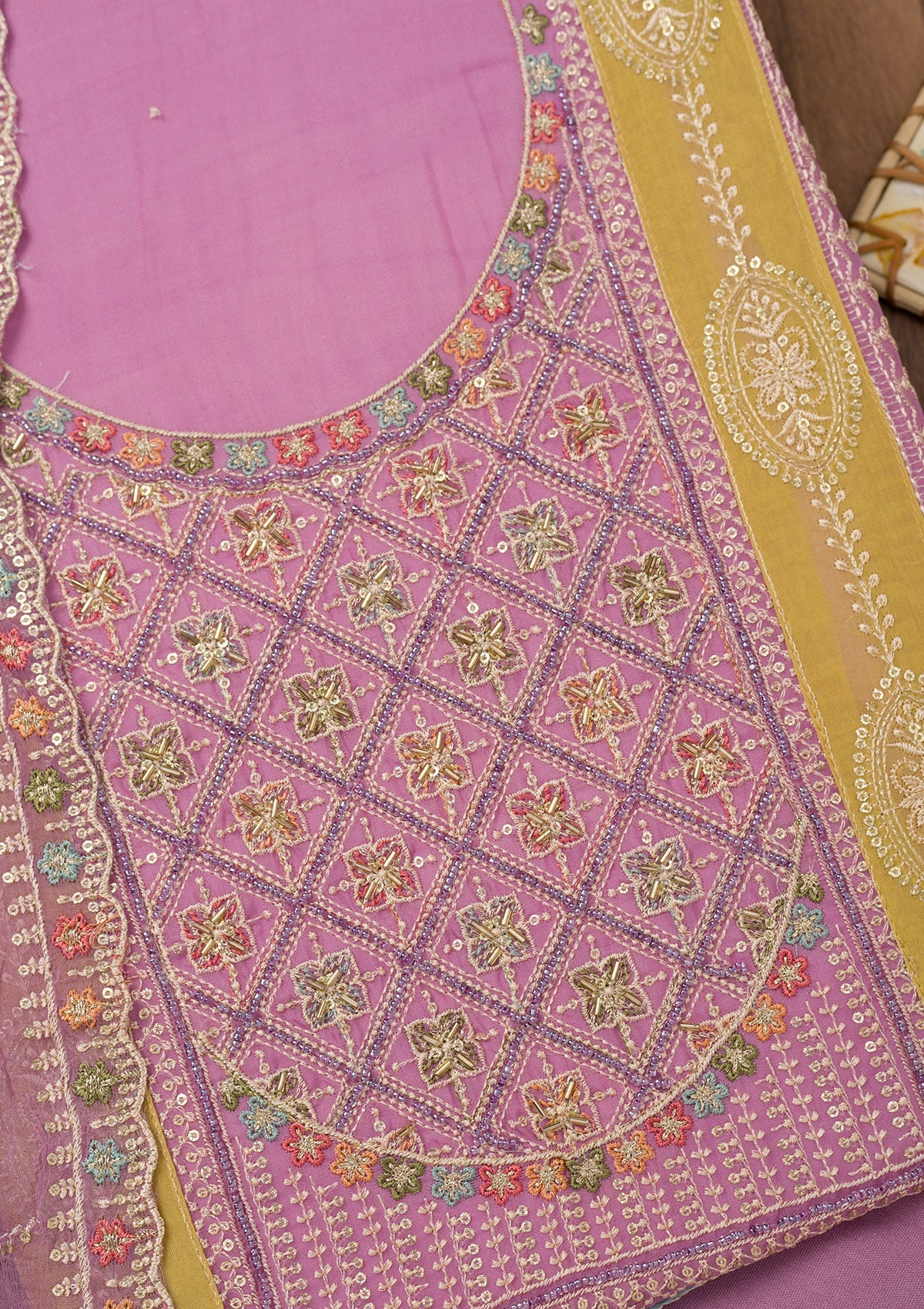 Lavender Threadwork Semi Crepe Unstitched Salwar Suit-Koskii