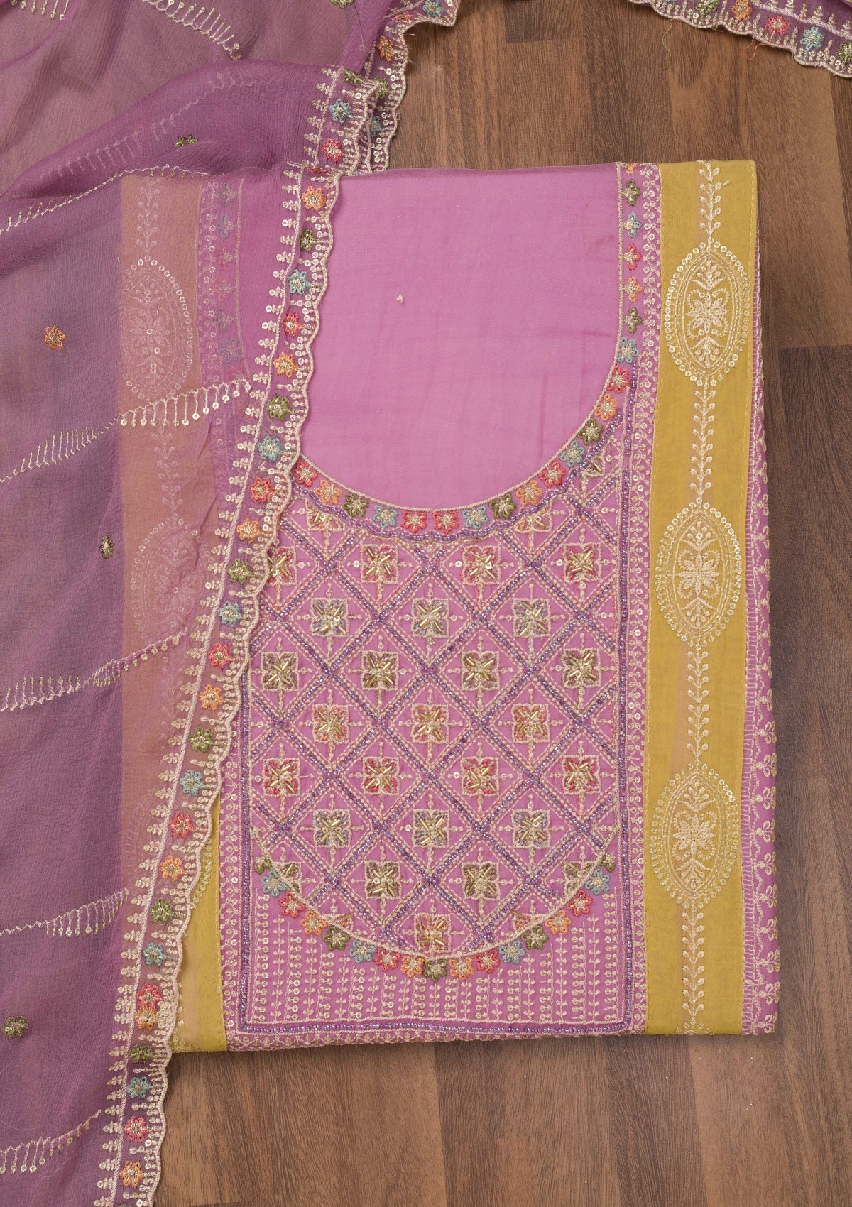 Lavender Threadwork Semi Crepe Unstitched Salwar Suit-Koskii