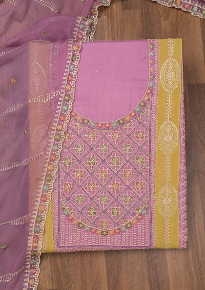 Lavender Threadwork Semi Crepe Unstitched Salwar Suit-Koskii