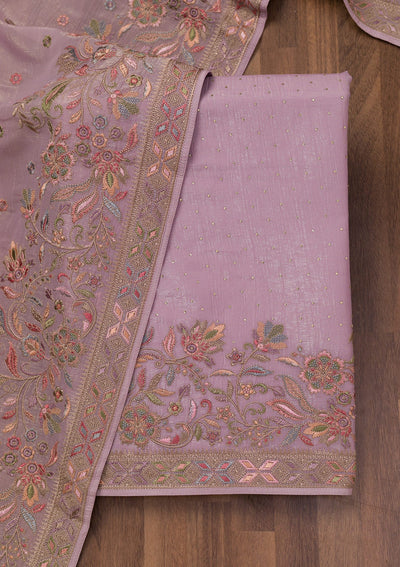 Lavender Threadwork Semi Crepe Unstitched Salwar Suit-Koskii