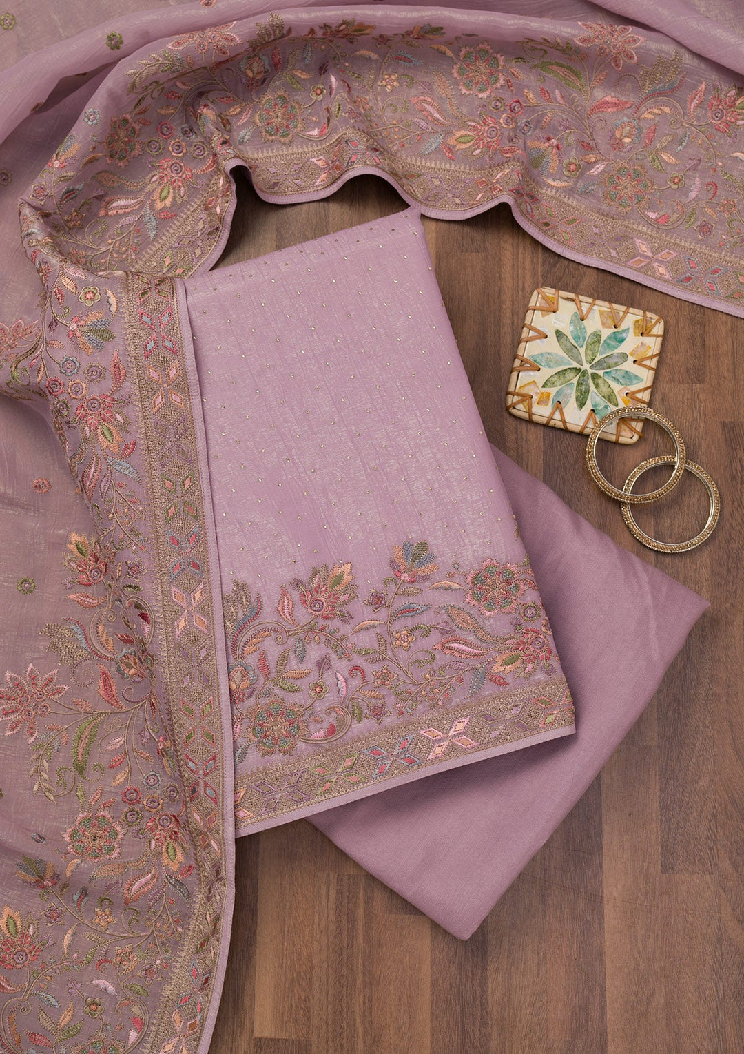Lavender Threadwork Semi Crepe Unstitched Salwar Suit-Koskii
