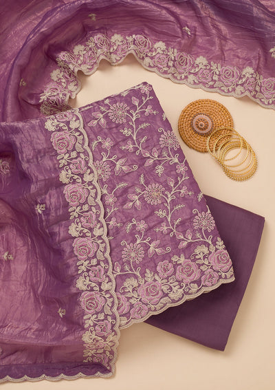 Lavender Threadwork Semi Crepe Unstitched Salwar Suit-Koskii