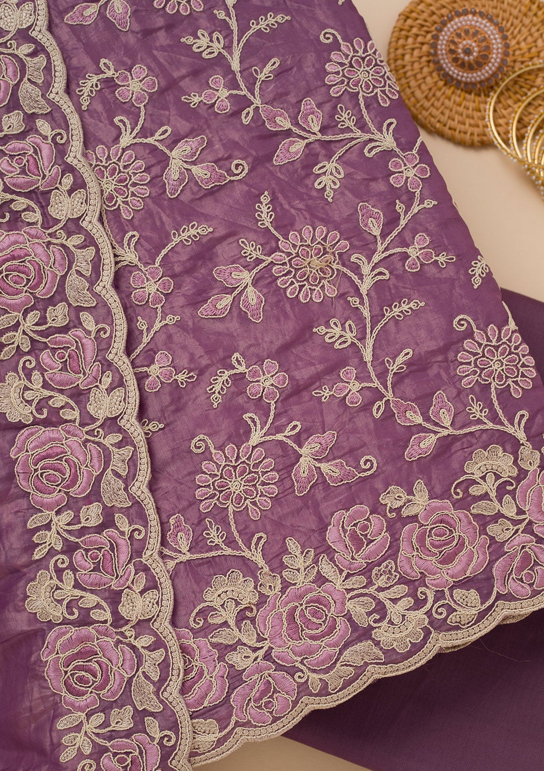 Lavender Threadwork Semi Crepe Unstitched Salwar Suit