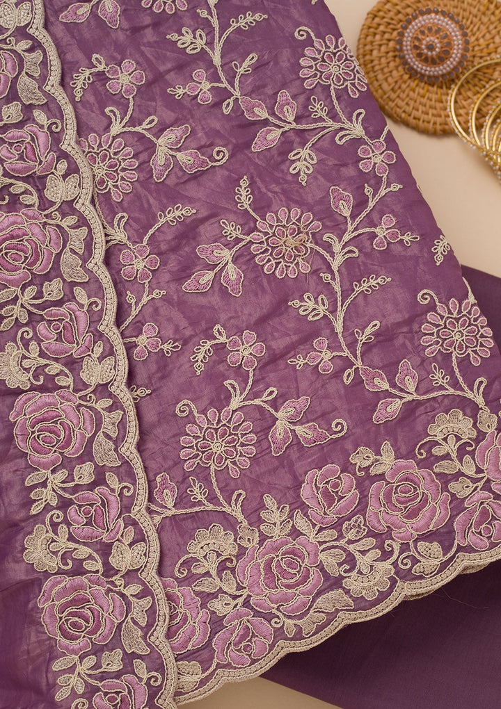 Lavender Threadwork Semi Crepe Unstitched Salwar Suit