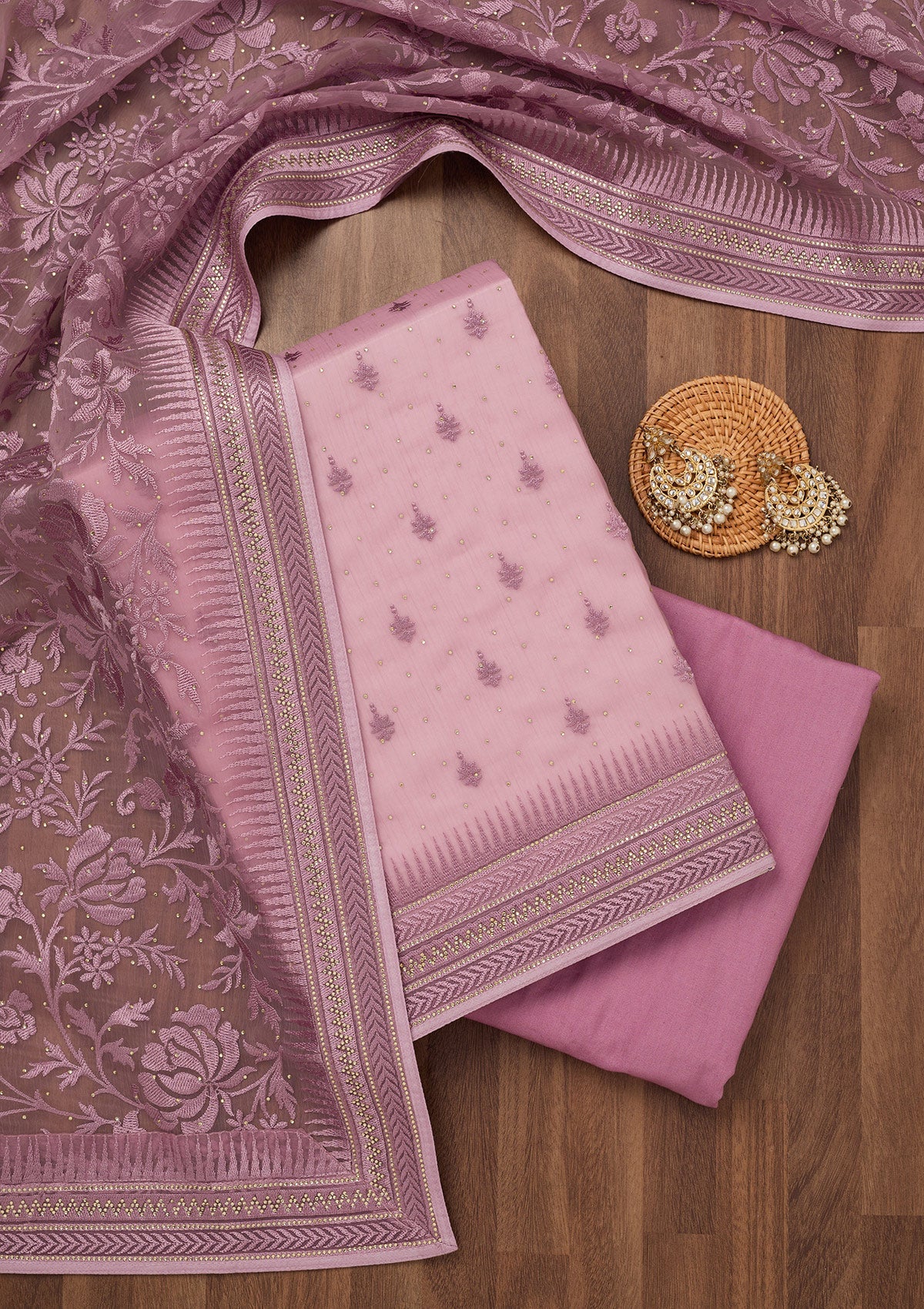 Lavender Threadwork Tissue Unstitched Salwar Suit-Koskii