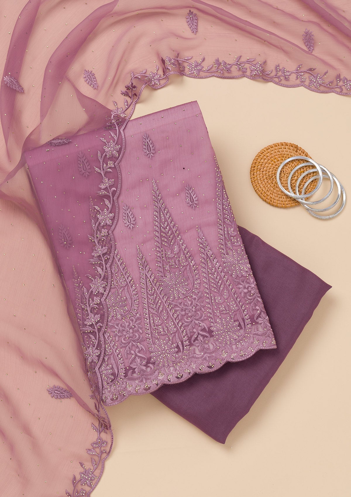 Lavender Threadwork Tissue Unstitched Salwar Suit-Koskii