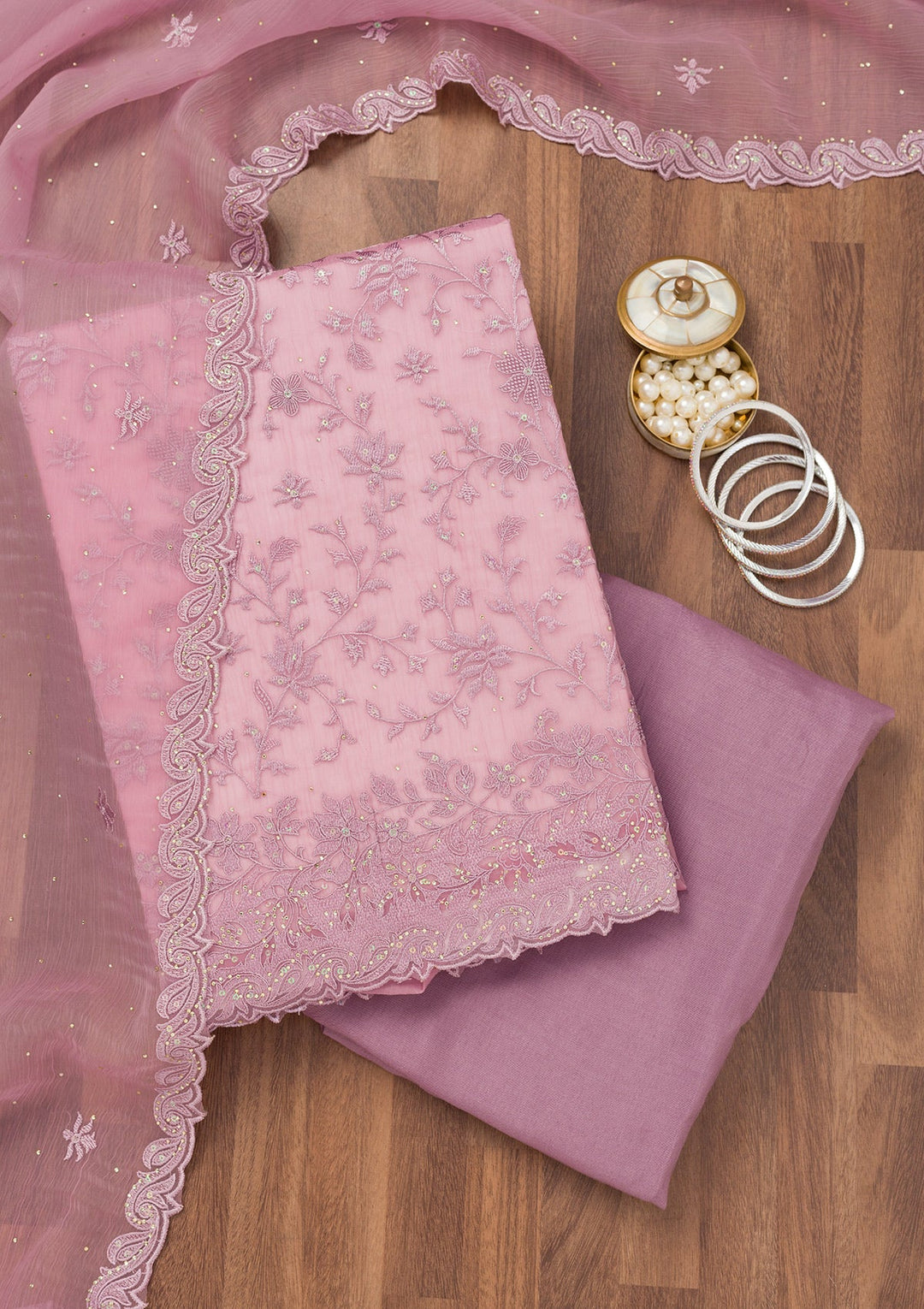 Lavender Threadwork Tissue Unstitched Salwar Suit-Koskii