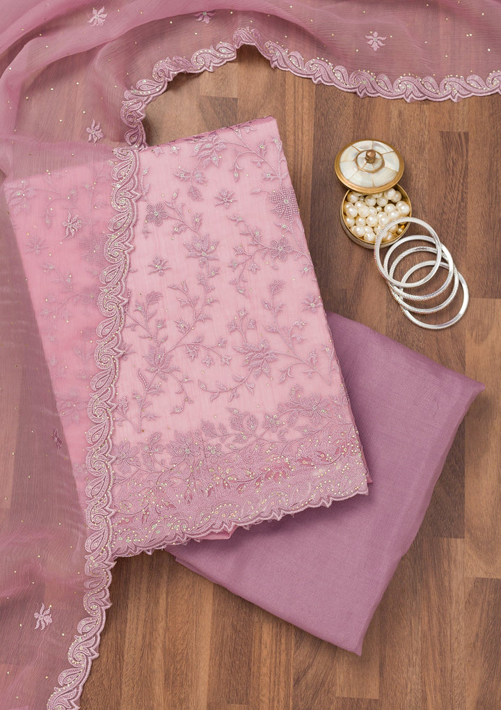 Lavender Threadwork Tissue Unstitched Salwar Suit-Koskii