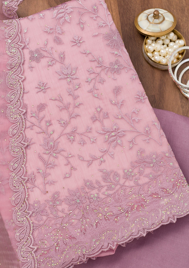 Lavender Threadwork Tissue Unstitched Salwar Suit-Koskii