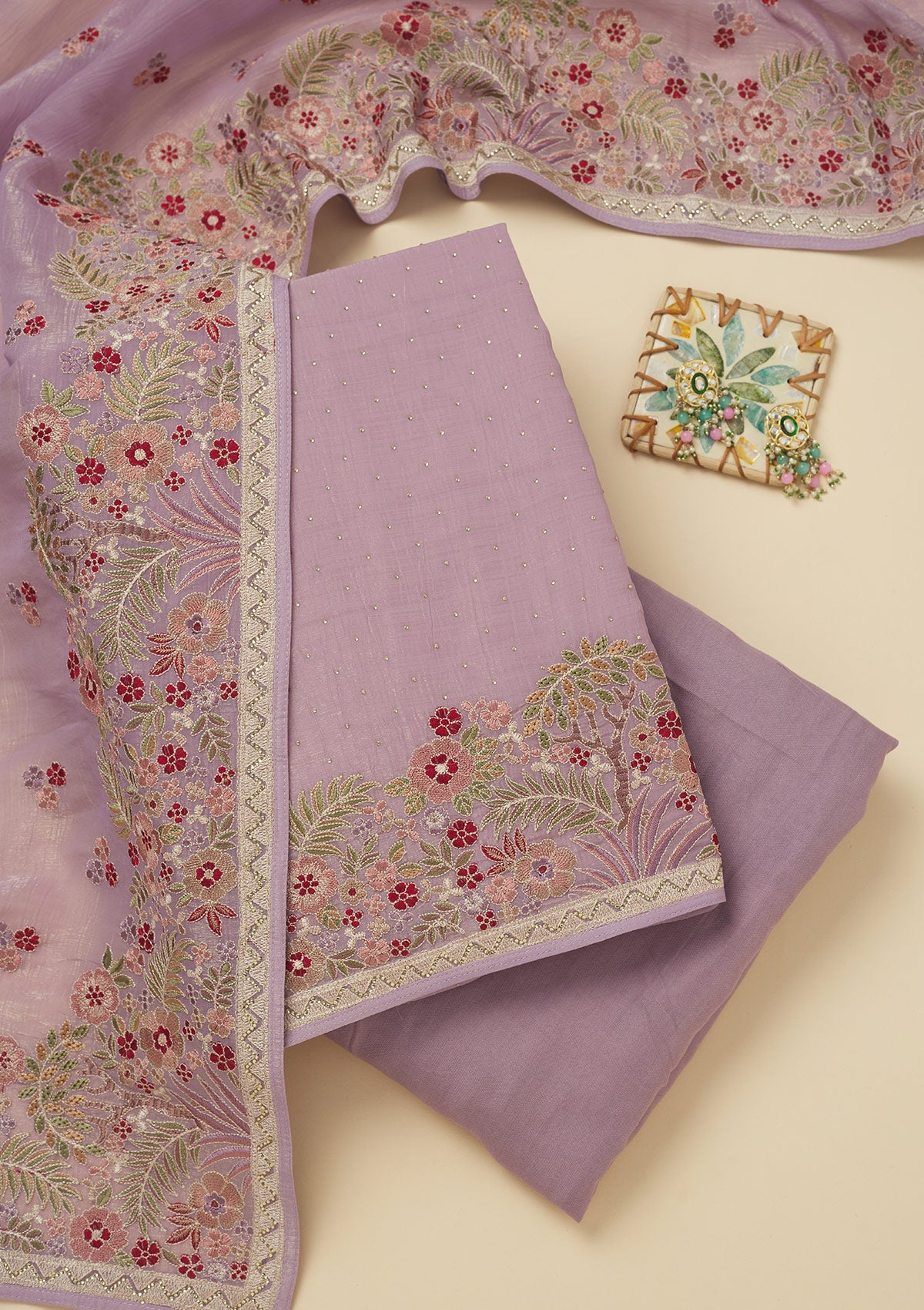 Lavender Threadwork Tissue Unstitched Salwar Suit-Koskii