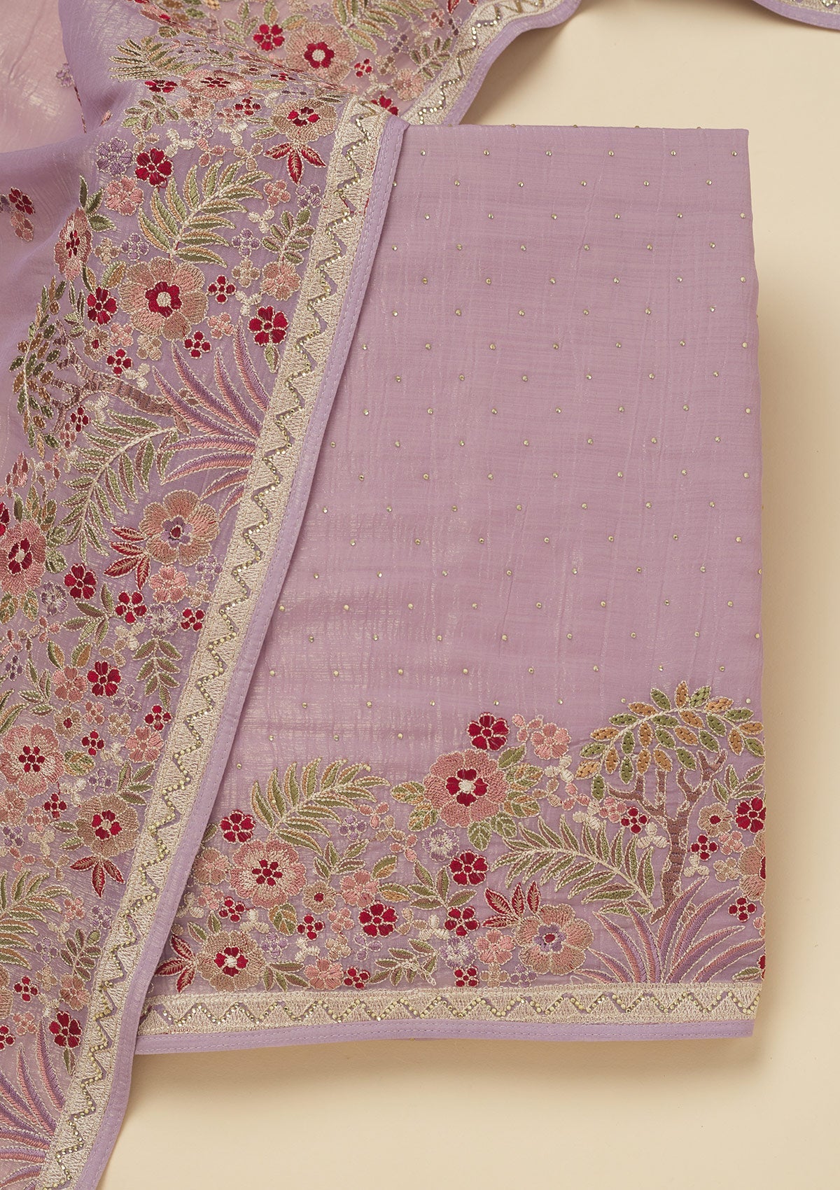 Lavender Threadwork Tissue Unstitched Salwar Suit-Koskii