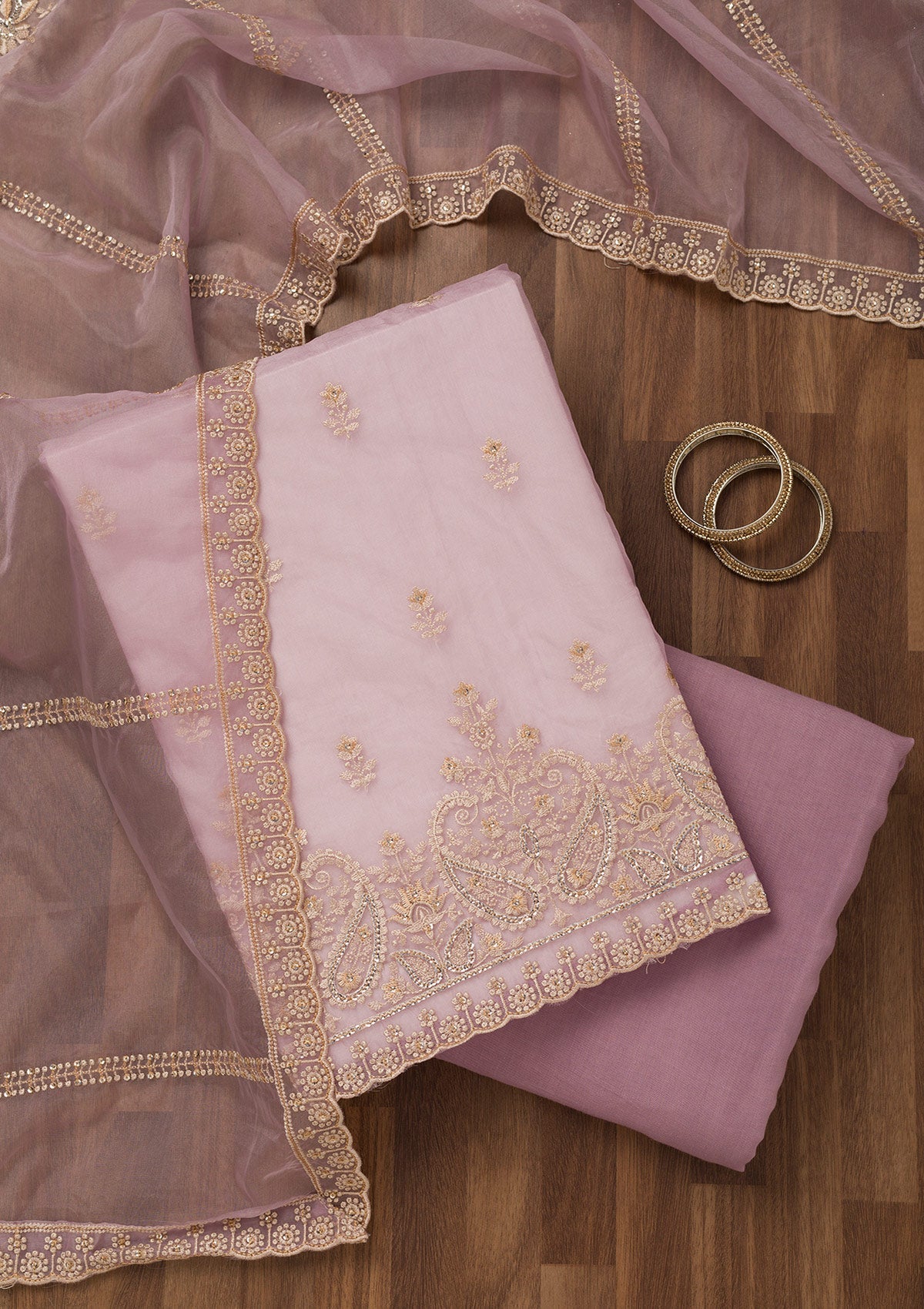 Lavender Threadwork Tissue Unstitched Salwar Suit-Koskii