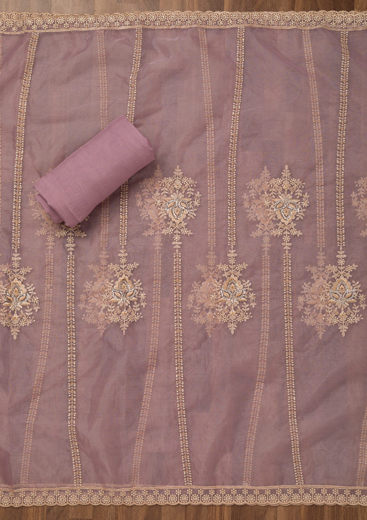 Lavender Threadwork Tissue Unstitched Salwar Suit-Koskii