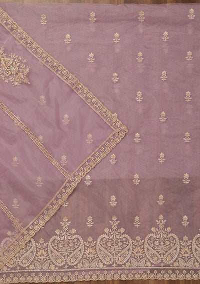 Lavender Threadwork Tissue Unstitched Salwar Suit-Koskii