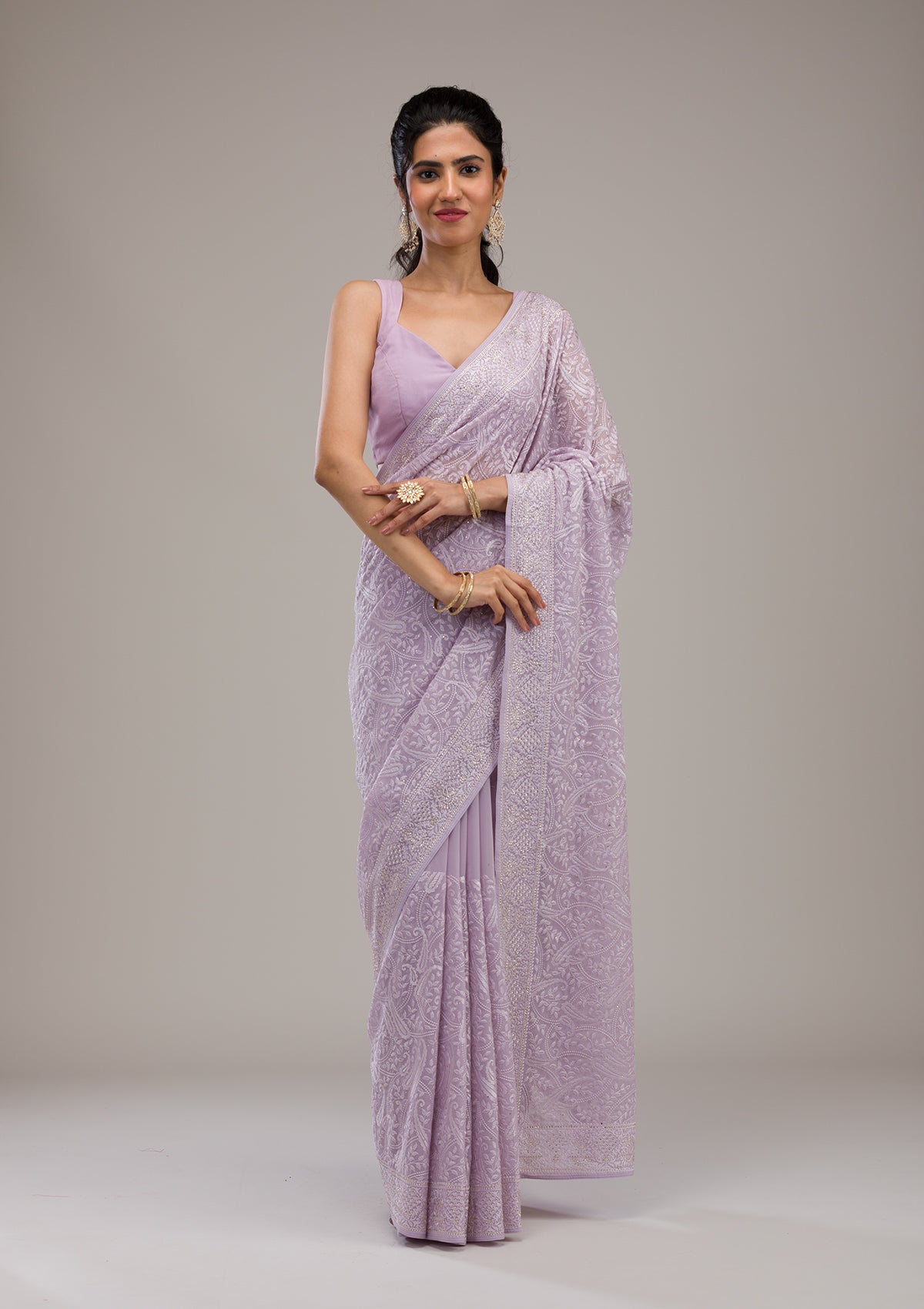 Lavender Threadwork Tissue Saree-Koskii