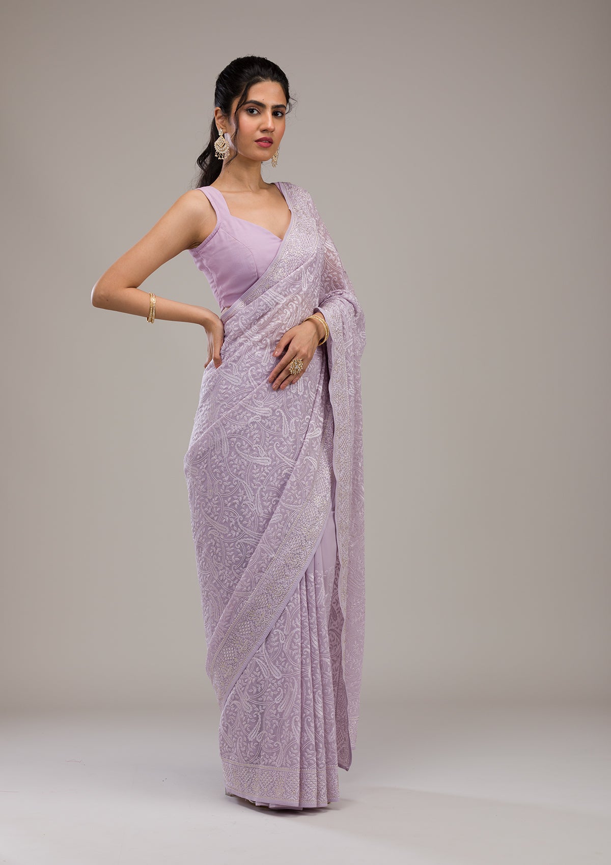 Lavender Threadwork Tissue Saree-Koskii