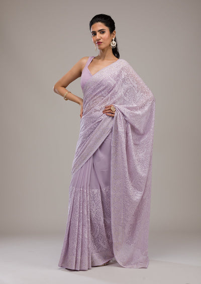 Lavender Threadwork Tissue Saree-Koskii