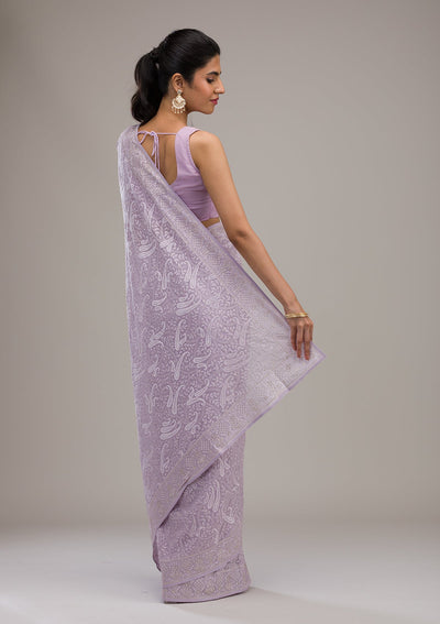 Lavender Threadwork Tissue Saree-Koskii